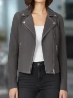 Close-up of the front closure on the Neve Campbell Grey Suede Jacket.