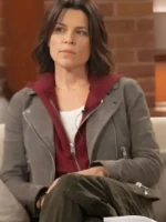 Front view of the Scream 7 Neve Campbell Grey Suede Jacket.