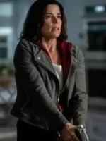 Side profile of the Scream 7 Neve Campbell Grey Suede Jacket.
