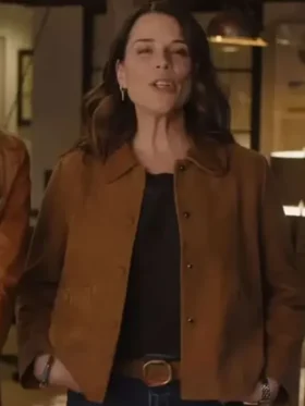 Close-up of the front closure on the Neve Campbell Suede Jacket.