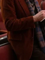 Close-up of the front closure on the Timothy Simons Corduroy Blazer.