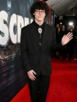 Close-up of the front closure on the Reece Feldman Black Suit.