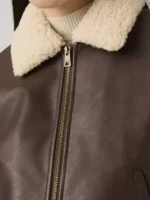 Close-up of the fabric on the Sherpa Collar Brown Bomber Jacket Womens.