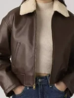 Close-up of the front closure on the Sherpa Collar Brown Bomber Jacket Womens.