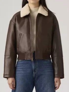 Front view of the Sherpa Collar Brown Bomber Jacket Womens.