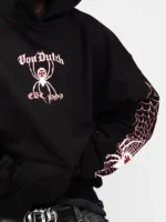Detailed design view of the Spider Crest Hoodie graphics.