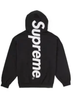 Rear view of the monochrome black and white Supreme hoodie with satin logo.