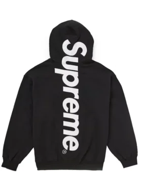 Rear view of the monochrome black and white Supreme hoodie with satin logo.