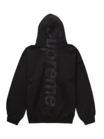 The back view of the essential black Supreme satin appliqué hooded sweatshirt.