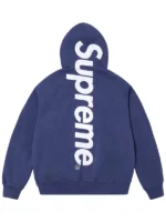 Rear perspective of the vibrant blue Supreme satin appliqué hoodie.