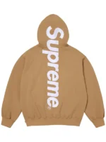 Back view of the earth-toned brown Supreme appliqué sweatshirt with satin branding.