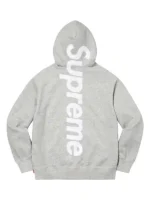 Rear view of the classic heather grey Supreme appliqué hoodie with satin logo.