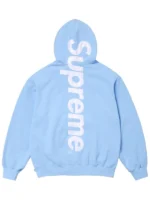 Back view of the fresh light blue Supreme satin appliqué sweatshirt.