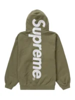 The rear perspective of the olive green Supreme satin appliqué hooded sweatshirt.