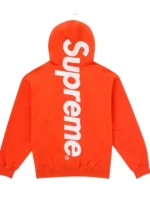 The rear view of the high-visibility orange Supreme satin appliqué hoodie.