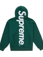 Back view of the deep pine green Supreme satin appliqué hooded sweatshirt.