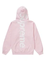 Rear view of the high-energy pink Supreme satin appliqué hoodie.