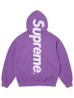 The back perspective of the vibrant purple Supreme satin appliqué hoodie.