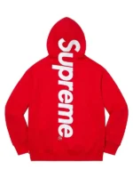 Rear view of the iconic bright red Supreme satin appliqué hoodie.
