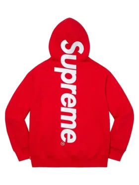 Rear view of the iconic bright red Supreme satin appliqué hoodie.