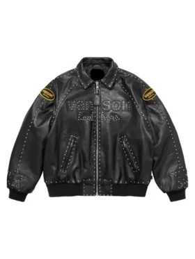 Front view of the black Supreme x Vanson x B.B. Simon Jacket.