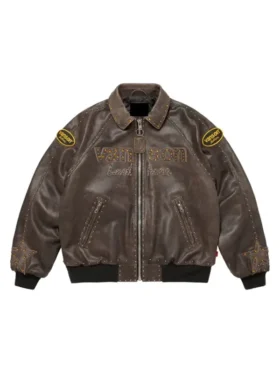 Front look of the brown Supreme x Vanson x B.B. Simon Jacket.