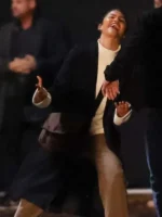 Close-up of the fabric on The Drama Zendaya Black Coat.