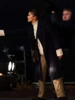 Side profile of the elegant The Drama Zendaya Black Coat.