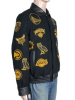 High-quality streetwear jacket with gold embroidered sports patches.