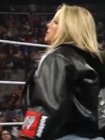 Close-up of the back panel and stitching on the Liv Morgan black leather jacket.