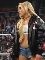 View of the Liv Morgan leather jacket with the zipper open showing the inner viscose lining.