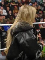 Detailed view of the rib-knitted cuffs and leather texture on the Liv Morgan jacket.