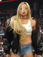 Front view of the WWE RAW Liv Morgan leather jacket featuring a hooded collar.