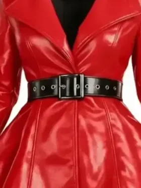 Close-up of the front closure on the Red Fit and Flared Leather Jacket.