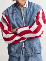 Blue Adidas Denim Graphic Track Top with rib-knitted collar, zipper front, and sporty striped sleeves