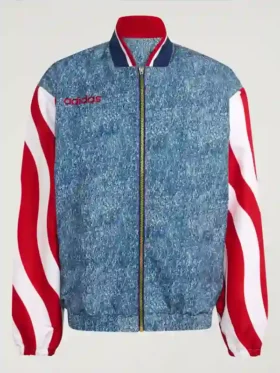 Stylish Adidas Denim Graphic Track Top in blue denim with rib-knit collar and full front zipper closure