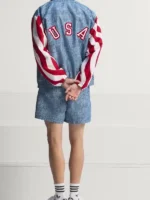 Back view of Adidas Denim Graphic Track Top showing blue denim body and clean athletic silhouette