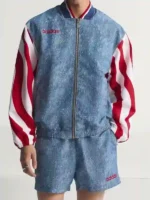 Front view of Adidas Denim Graphic Track Top with zipper closure, rib collar, and striped full-length sleeves