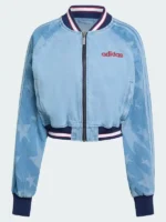 Stylish Denim Graphic Varsity Bomber Jacket in blue with star print accents and soft viscose lining