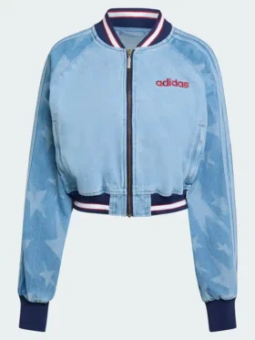 Stylish Denim Graphic Varsity Bomber Jacket in blue with star print accents and soft viscose lining