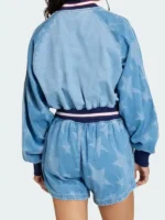 Back view of Denim Graphic Varsity Bomber Jacket showing blue denim finish and graphic varsity detailing