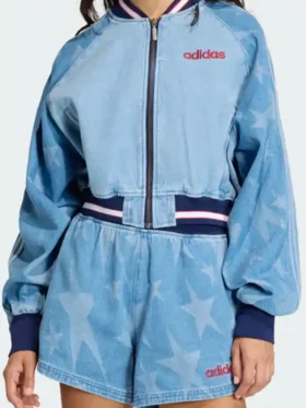 Front view of Denim Graphic Varsity Bomber Jacket in blue with zipper closure and rib-knit collar