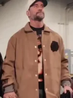A high-quality brown wool jacket inspired by CM Punk’s Chicago Blackhawks style.