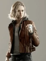 Grace Ashcroft full character reference wearing brown leather jacket over hooded layer in Resident Evil Requiem