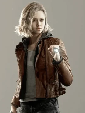 Grace Ashcroft full character reference wearing brown leather jacket over hooded layer in Resident Evil Requiem