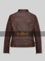 Back view of Grace Ashcroft brown leather jacket showing quilted elbow patches and buckle hem