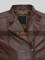 Close-up of snap-tab collar and zipper closure on Grace Ashcroft brown leather jacket