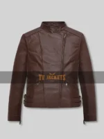 Front view of Grace Ashcroft brown leather jacket with snap-tab collar and belted hem