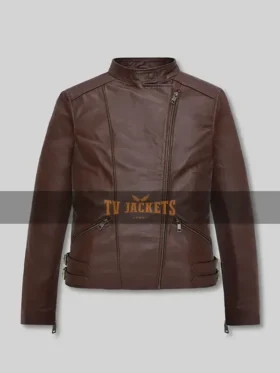 Front view of Grace Ashcroft brown leather jacket with snap-tab collar and belted hem