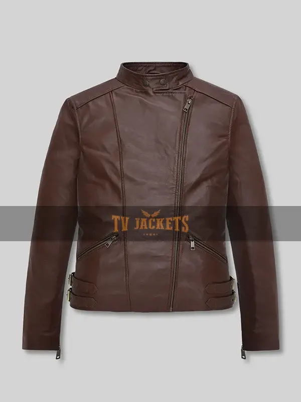 Grace Ashcroft Resident Evil Requiem Leather Jacket Front View Front view of Grace Ashcroft brown leather jacket with snap-tab collar and belted hem